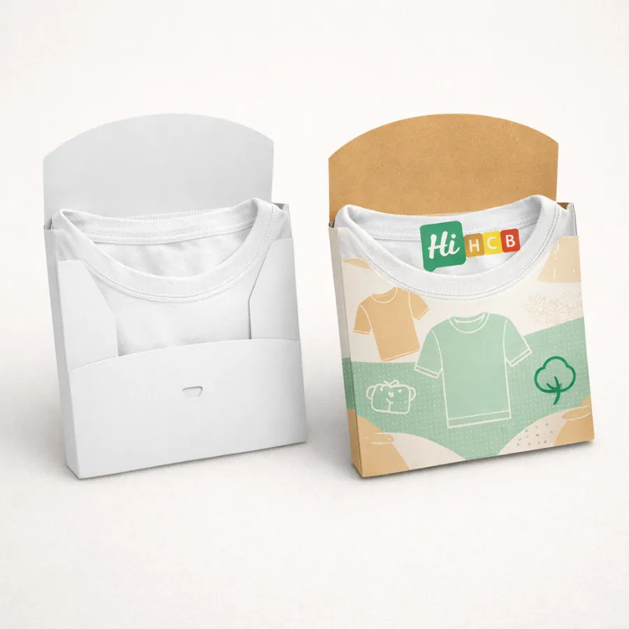 Two envelope-style t-shirt carriers with curved flaps open- showcasing a folded white t-shirt collar- class=